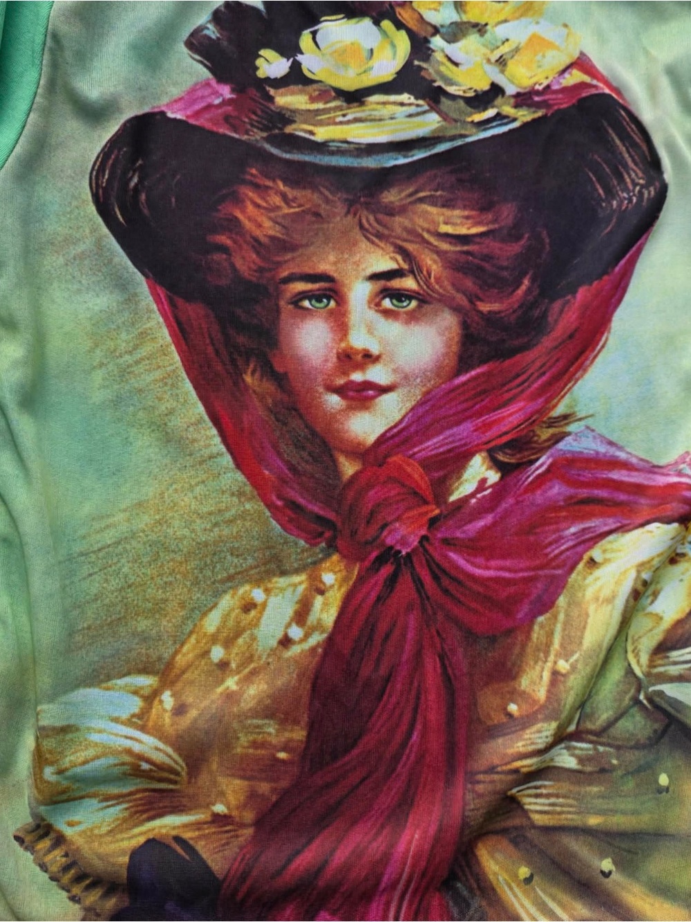 Vintage-Inspired Floral Lady Print Top in Green and Magenta